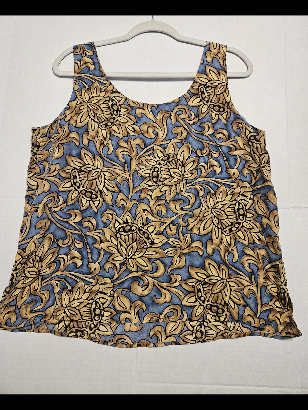 Vintage Express 100% Silk Blue, Gold, And Black Floral Sleeveless Blouse